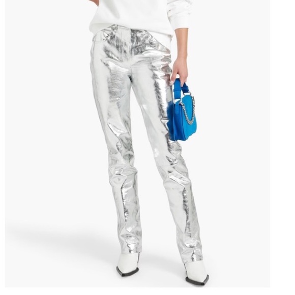 LOVE, FIRE Silver Metallic Faux Leather Cosplay Flared Leg Tailored Pants NWT - Picture 1 of 14